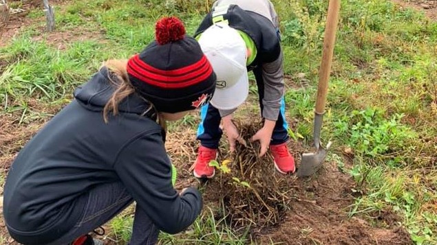 Deux jeunes filles plantent un arbre.