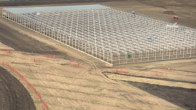 Une vue aérienne du chantier d'Aurora Sky, la future usine de cannabis située en banlieue d'Edmonton