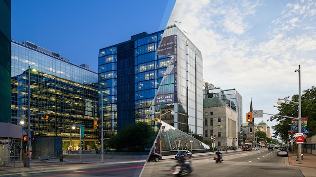 Un montage avant-après du siège de la Banque du Canada, à Ottawa.