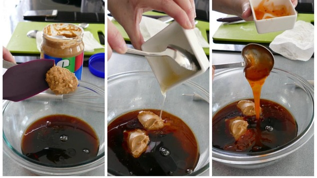 Le beurre d'arachide, le miel et la sauce épicée. Le beurre d'arachide, le miel et la sauce épicée.