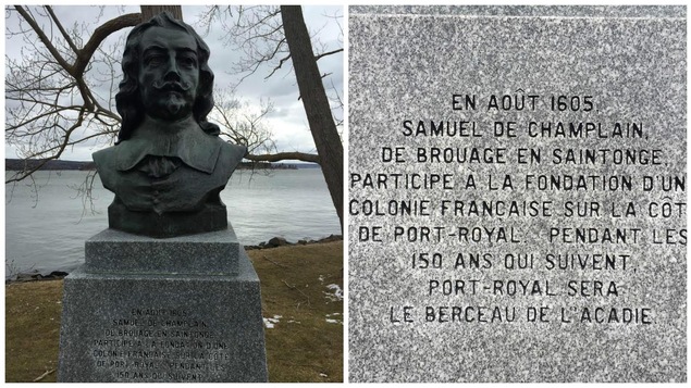 Un buste de Champlain et le texte en plan rapproché Un buste de Champlain et le texte en plan rapproché