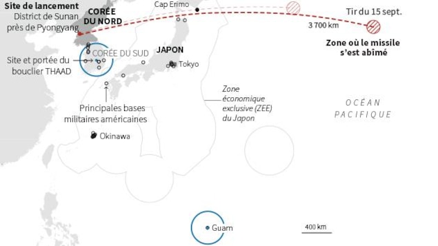 Carte de l’océan Pacifique localisant la trajectoire du missile nord-coréen qui a survolé l'île japonaise de Hokkaido avant de s'abîmer dans le Pacifique. Carte de l’océan Pacifique localisant la trajectoire du missile nord-coréen qui a survolé l'île japonaise de Hokkaido avant de s'abîmer dans le Pacifique.