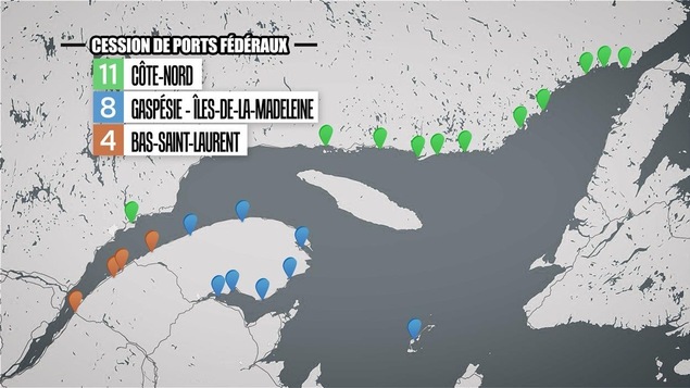 Carte des ports fédéraux à céder: 11 sur la Côte-Nord, 8 en Gaspésie et 4 au Bas-Saint-Laurent