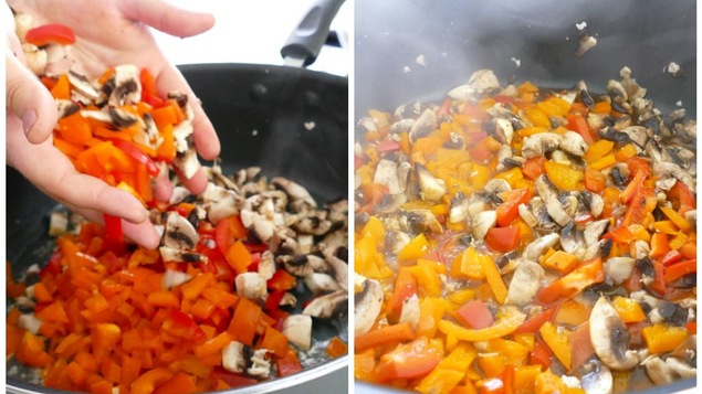 Cuisson des poivrons et des champignons. Cuisson des poivrons et des champignons.