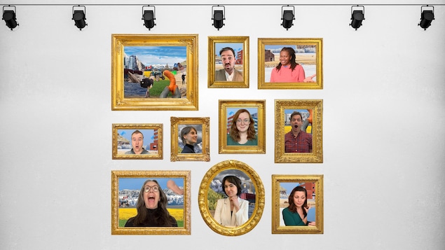 Les photographies des neuf comédiens de la revue humoristique des francophones de l'Ouest « Dans ta face 2022! » placées sur un mur dans des cadres dorés.