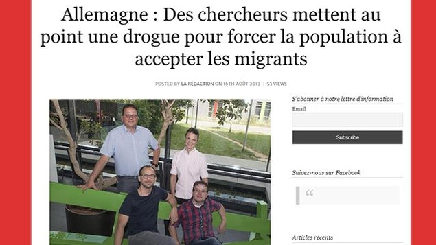 Capture d'écran d'un article du site Breizatao, qui affirme que «des chercheurs mettent au point une drogue pour forcer la population à accepter les migrants». Capture d'écran d'un article du site Breizatao, qui affirme que «des chercheurs mettent au point une drogue pour forcer la population à accepter les migrants».