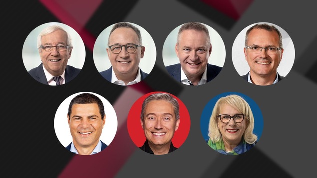 Les visages de Louis Plamondon, Yves Perron, Martin Champoux, Luc Berthold, Alain Rayes, François-Philippe Champagne et Louise Charbonneau.