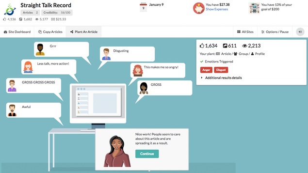 Une capture d'écran du jeu vidéo Fake it to Make it montrant des utilisateurs fictifs de réseaux sociaux qui réagissent à une fausse nouvelle. Une capture d'écran du jeu vidéo Fake it to Make it montrant des utilisateurs fictifs de réseaux sociaux qui réagissent à une fausse nouvelle.