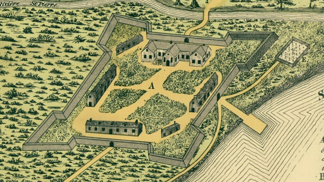 Carte réalisée en 1884, avec une illustration du fort de Ville-Marie vers 1645
