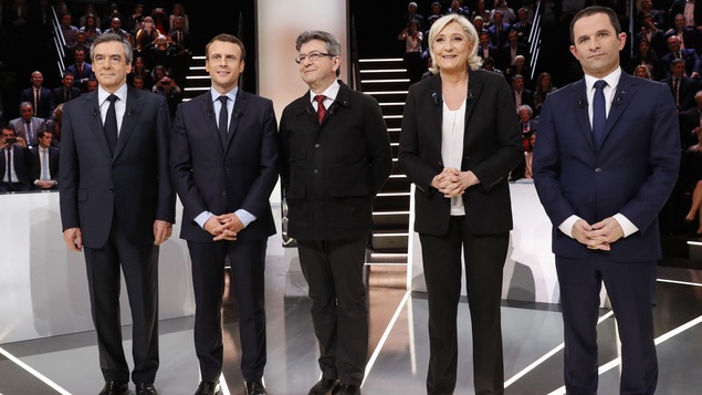 De gauche à droite, François Fillon, Emmanuel Macron, Jean-Luc Mélenchon, Marine Le Pen et Benoît Hamon De gauche à droite, François Fillon, Emmanuel Macron, Jean-Luc Mélenchon, Marine Le Pen et Benoît Hamon