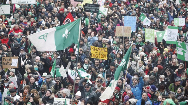 Franco-Ontarians protest cuts to French services by the Ontario government in Ottawa on Saturday, Dec. 1, 2018. THE CANADIAN PRESS/Patrick Doyle