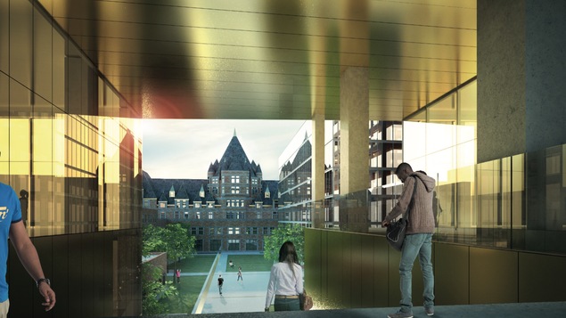 Vue de la cour intérieure depuis la rue Notre-Dame dans le Vieux Montréal. La rue Notre-Dame, entre les rues Berri et Papineau, est surélevée d'où la nécessité de construire un escalier.