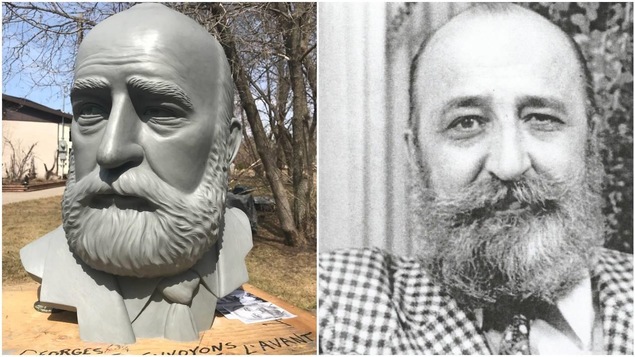 La statue de Georges Forest réalisée par l'artiste Miguel Joyal, et une photo de Georges Forest.