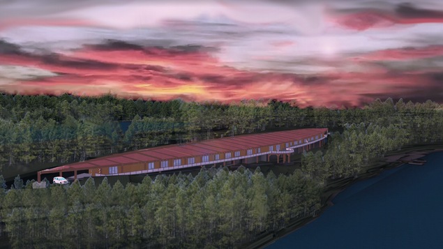 Dessin d'un édifice en pierres et en bois entouré de conifères