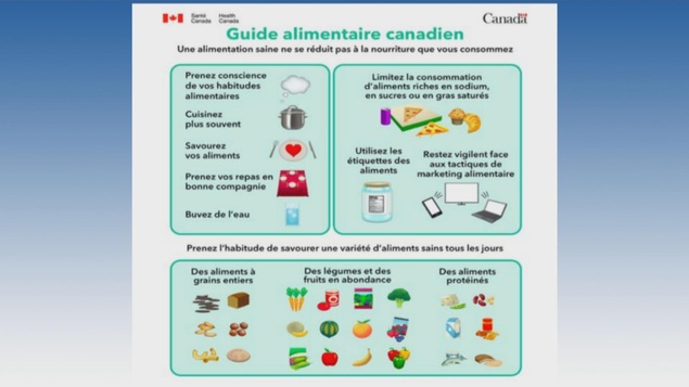 L'esquisse présente trois boîtes d'information. Deux donnent des conseils, l'autre recommande de savourer une variété d'aliments sains tous jours. Les pictogrammes sont encore bien présents,