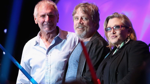 Harrison Ford, Mark Hamill et Carrie Fisher en 2015 à San Diego Harrison Ford, Mark Hamill et Carrie Fisher en 2015 à San Diego