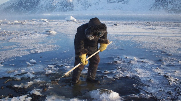 Un homme, les deux pieds dans l'eau, râtelle le fond d'un lac dans le Nord.