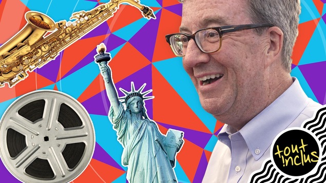 Photo de Jim Watson sur un fond coloré où l'on voit un saxophone, une bobine de film et la statue de la liberté.