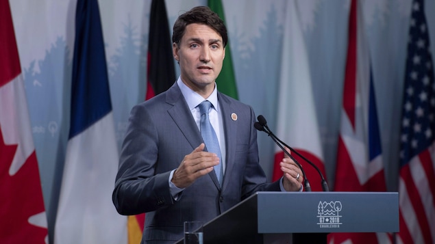 Justin Trudeau lors de sa conférence de presse de clôture du Sommet du G7 à La Malbaie. 