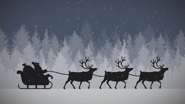 Image infographique du traineau du Père Noël tiré par des rennes.