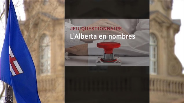 Image-titre d'un jeu-questionnaire, avec l'édifice de la législature albertaine en arrière-plan.
