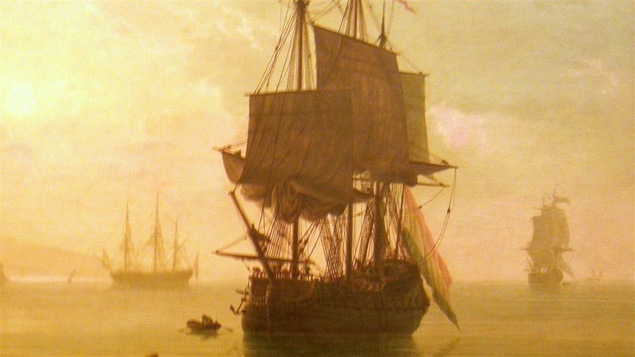 Une peinture de Claude Joseph Vernet représentant le Machault, le Bienfaisant et le Marquis-de-Malauze dans la rivière Ristigouche Une peinture de Claude Joseph Vernet représentant le Machault, le Bienfaisant et le Marquis-de-Malauze dans la rivière Ristigouche