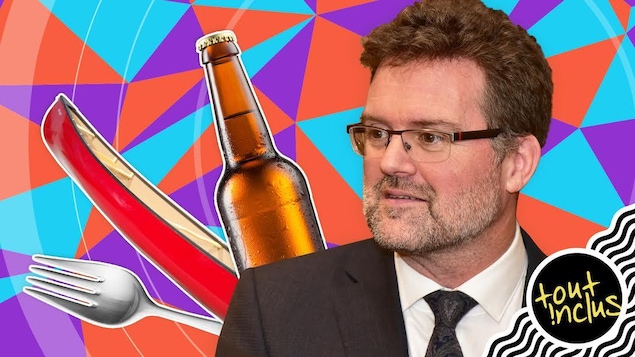 L'illustration présente la photo du maire de la Ville de Gatineau sur un fond très coloré, agrémentée d'images: une fourchette, un canot et une bière.