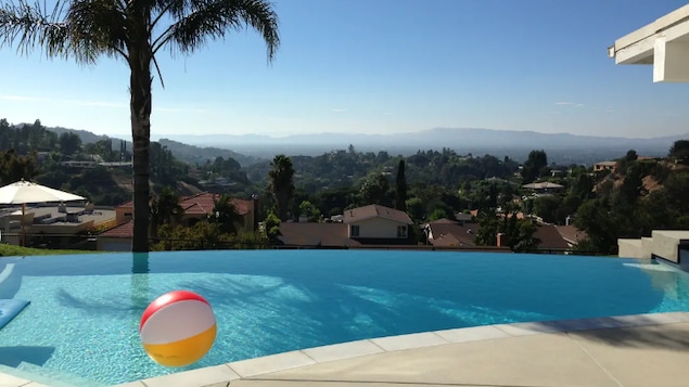 Photo d'un ballon gonflable qui flotte dans une piscine près d'un palmier.
