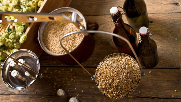 Du malt est pesé à l'aide d'une balance.