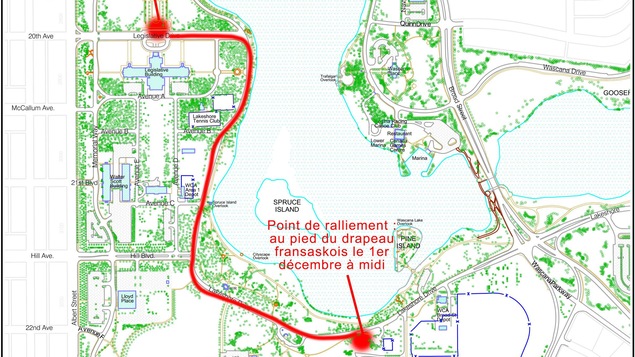 Carte de la marche de solidarité, montrant un itinéraire sur la rive ouest du lac Wascana.