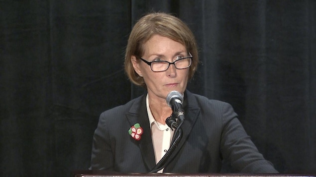 Mary Ellen Turpel-Lafond, au micro d'une conférence de presse en octobre 2016 Mary Ellen Turpel-Lafond, au micro d'une conférence de presse en octobre 2016