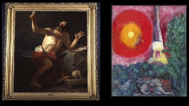 Le tableau « Saint Jérôme entendant les trompettes du Jugement Dernier » de Jacques-Louis David (à gauche) et l'oeuvre « La Tour Eiffel » de Marc Chagall (à droite)
