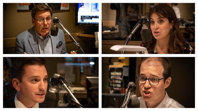 Pierre Moreau, ministre de l'Énergie et des Ressources naturelles et candidat du PLQ (en haut à gauche), Véronique Hivon, vice-chef du PQ (en haut à droite), Simon Jolin-Barrette, candidat de la CAQ (en bas à gauche) et Alexandre Leduc, candidat de Qs (en bas à droite)