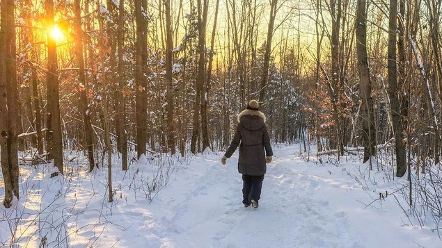 Une promeneuse, de dos, marche sur un sentier enneigé.