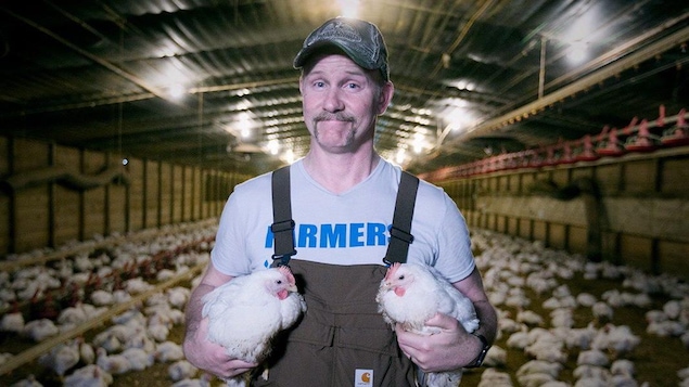 Morgan Spurlock tient deux poulets dans un poulailler. Morgan Spurlock tient deux poulets dans un poulailler.