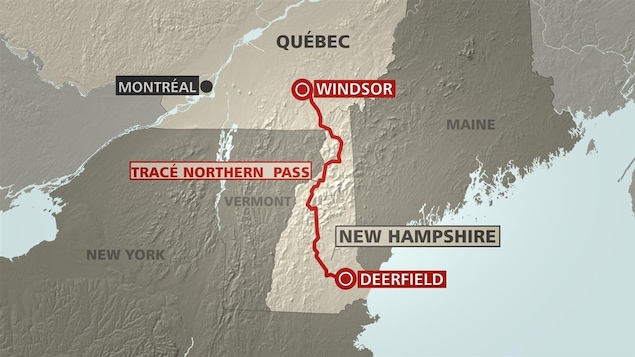 Le tracé Northern Pass, qui part de Windsor, au Québec, pour se rendre jusqu'à Deefield, au New Hampshire. Le tracé Northern Pass, qui part de Windsor, au Québec, pour se rendre jusqu'à Deefield, au New Hampshire.