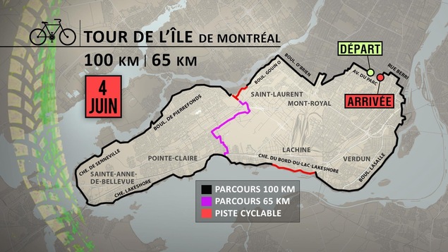 Parcours du Tour de l'île de Montréal de 65 et 100 kilomètres. Parcours du Tour de l'île de Montréal de 65 et 100 kilomètres.
