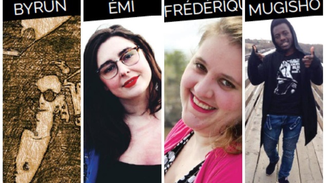Les quatre participants du concert Nouvelle scène 2017 Byrun Boutin-Maloney, Émilie Lebel, Frédérique Cyr Michaud et Mugisho Munganga Les quatre participants du concert Nouvelle scène 2017 Byrun Boutin-Maloney, Émilie Lebel, Frédérique Cyr Michaud et Mugisho Munganga