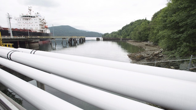 Photo d'un tanker pétrolier recevant son chargement de pétrole du pipeline Trans Mountain de Kinder Morgan à Burnaby en Colombie-Britannique, le 4 juin 2015. Photo d'un tanker pétrolier recevant son chargement de pétrole du pipeline Trans Mountain de Kinder Morgan à Burnaby en Colombie-Britannique, le 4 juin 2015.