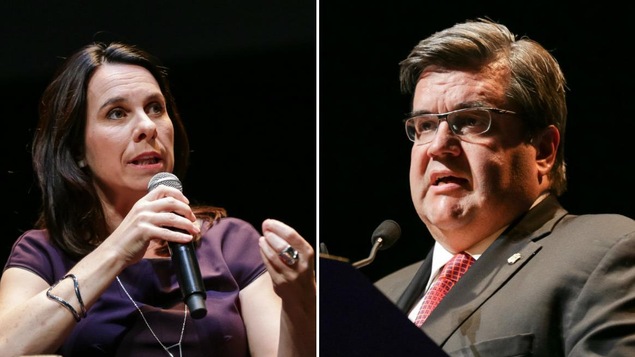 Valérie Plante et Denis Coderre, invités par Culture Montréal le jeudi 6 octobre 2017, au Monument-National, dans le cadre de la campagne électorale.