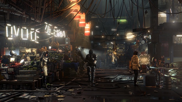 Scène finale du village Golem du jeu Deus Ex : Mankind Divided avec les textures et le rendu Scène finale du village Golem du jeu Deus Ex : Mankind Divided avec les textures et le rendu