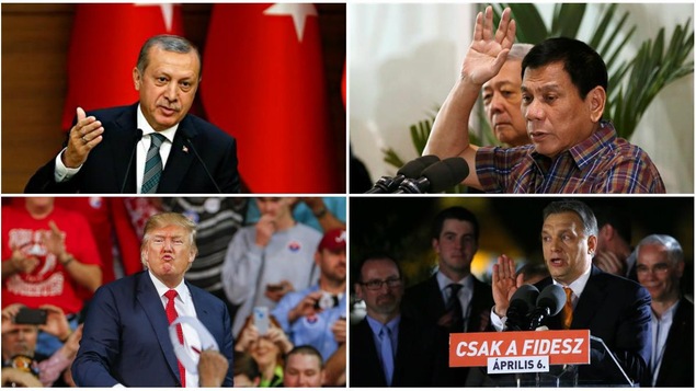 Le président turc Recep Tayyip Erdogan (en haut à gauche), le président philippin Rodrigo Duterte (en haut à droite), le président américain Donald Trump (en bas à gauche) et le premier ministre hongrois Viktor Orban (en bas à droite)