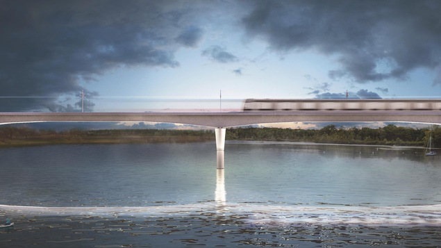 Une maquette du projet montrant un train passer au-dessus d'un cours d'eau.