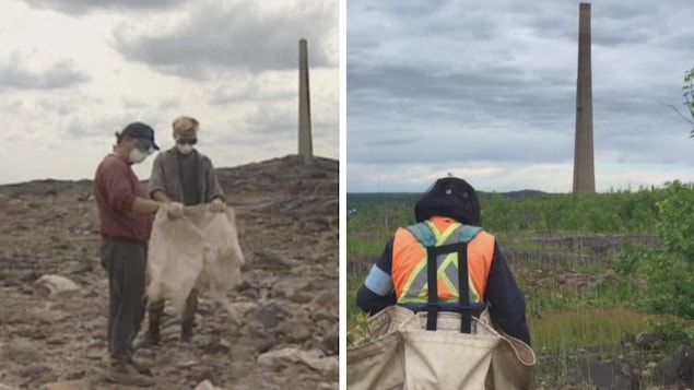 À gauche, une photo d'époque montre deux employés qui étendent de la chaux sur un sol dénudé devant une cheminée. À droite, une image d'aujourd'hui montre un employé qui plante des arbres sur le même sol, maintenant recouvert de végétation. À gauche, une photo d'époque montre deux employés qui étendent de la chaux sur un sol dénudé devant une cheminée. À droite, une image d'aujourd'hui montre un employé qui plante des arbres sur le même sol, maintenant recouvert de végétation.