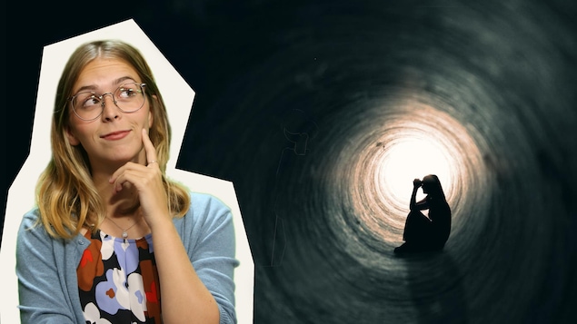 Portrait de Rosalie Dumais-Beaulieu juxtaposé à une image d'une personne recroquevillée dans un tunnel avec une lumière au bout.