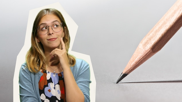 Montage de Rosalie Dumais-Beaulieu avec un crayon appuyé sur une feuille de papier en arrière-plan.