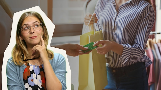 Photo montage de Rosalie Dumais-Beaulieu avec une personne qui paye par carte de crédit en arrière-plan.