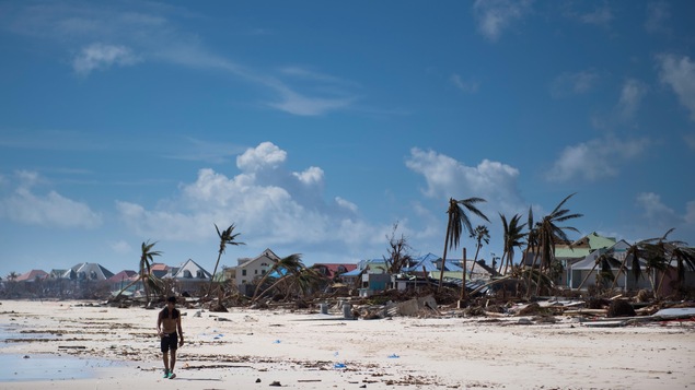 Un homme marche sur la plage lors d'une journée ensoleillée. Autour de lui les palmiers sont presque déracinés et les habitations sont très endommagées