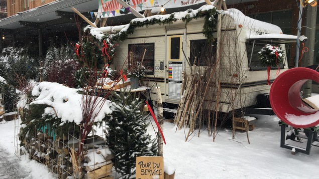 Plusieurs sapins à l'extérieur devant une roulotte.