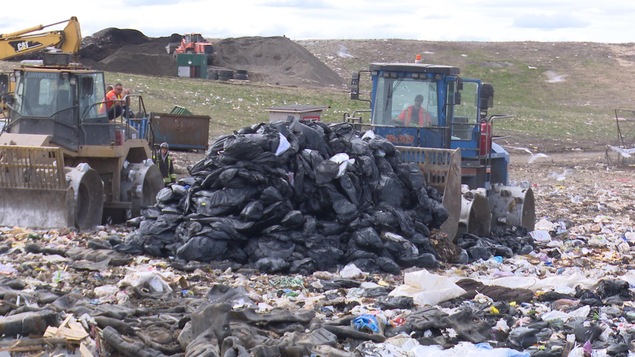 A man who drives a tractor spreads out a cluster of black bags. Un homme qui conduit un tracteur étale un amas de sacs noirs.